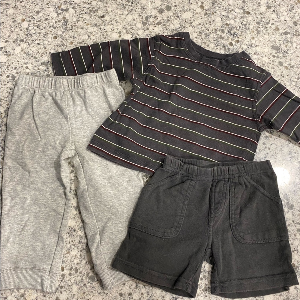 Carters 3 piece set gray pants dark gray striped tee dark gray shorts 12…